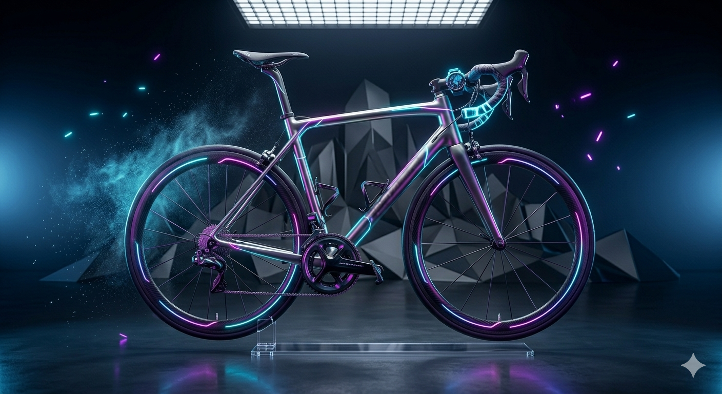 A sleek professional road bicycle glowing with neon accents under futuristic studio lighting, metallic finish, dark background, 8k, photorealistic. (A Nano Banana2 generated image)